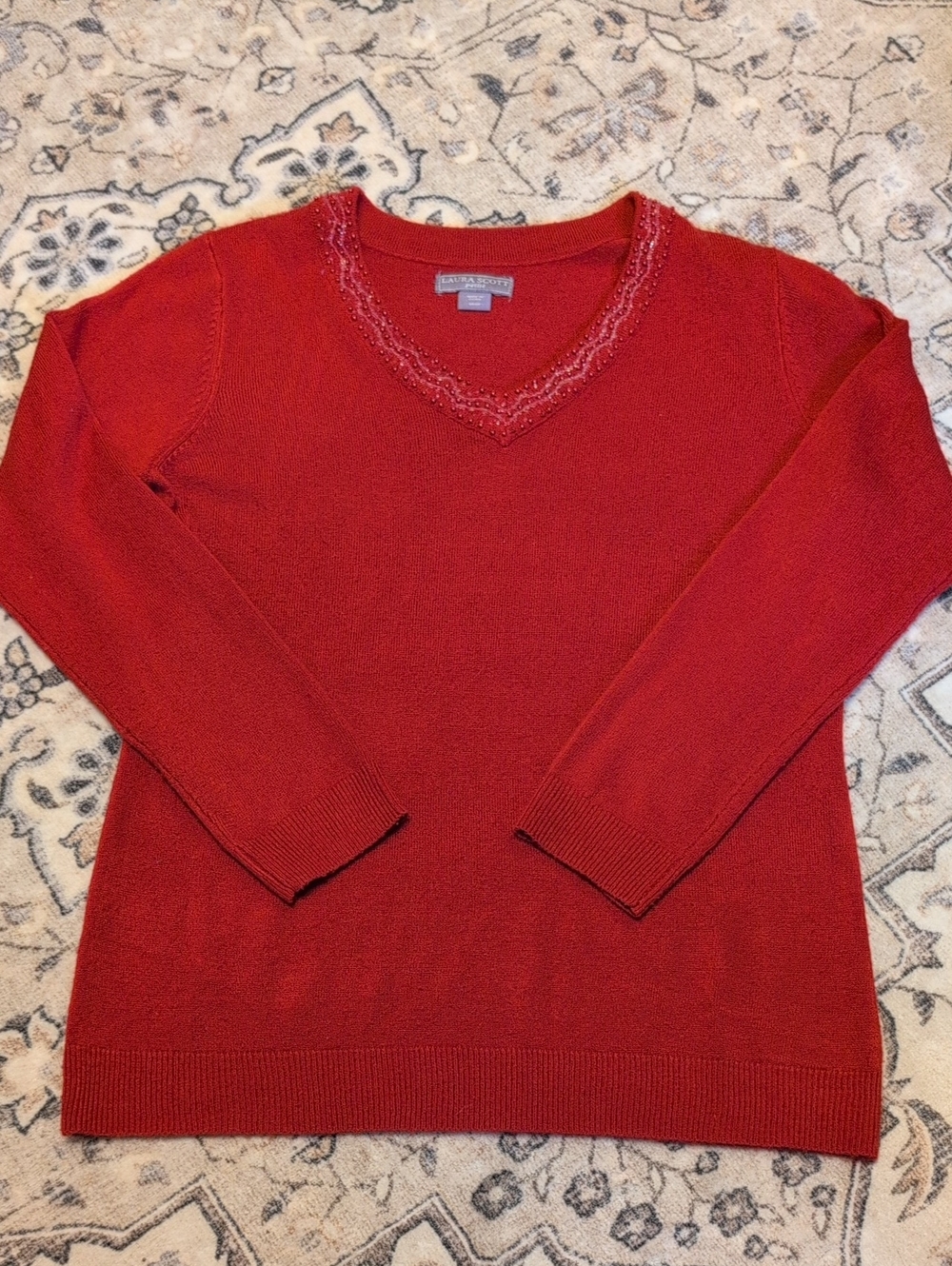 Laura Scott Petite Scarlet Red V-Neck Sweater with Lace Trim
